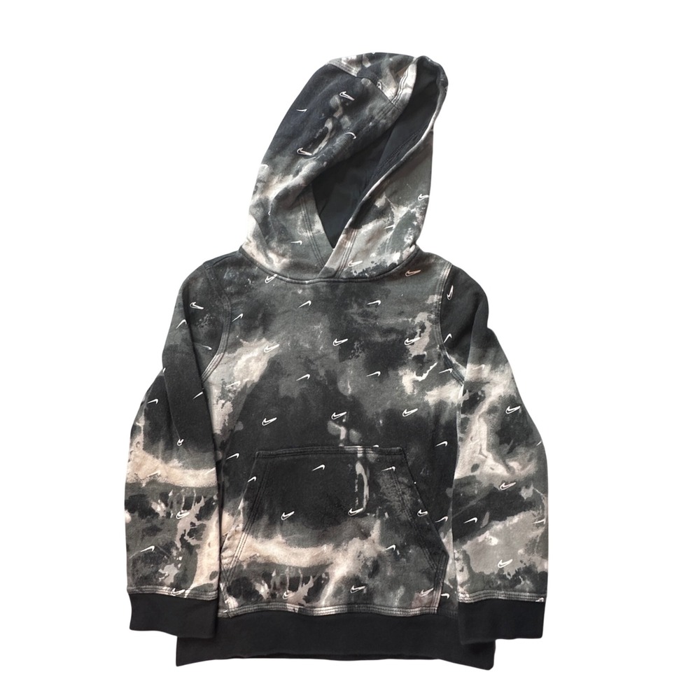 Nike Hoodie Boys XS Black Tie Dye DV3059-010 All Over Swoosh Pullover Fleece
